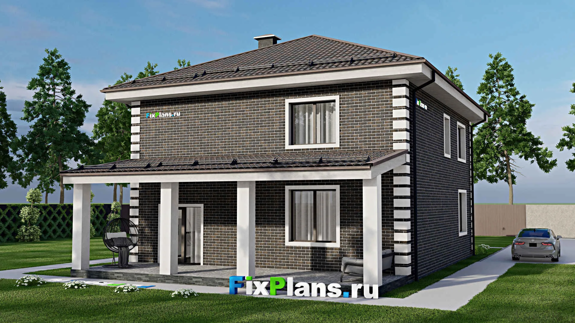 F-6056 - Проект двухэтажного дома 11 на 13, площадью 240 м² с террасой и 4 спальнями