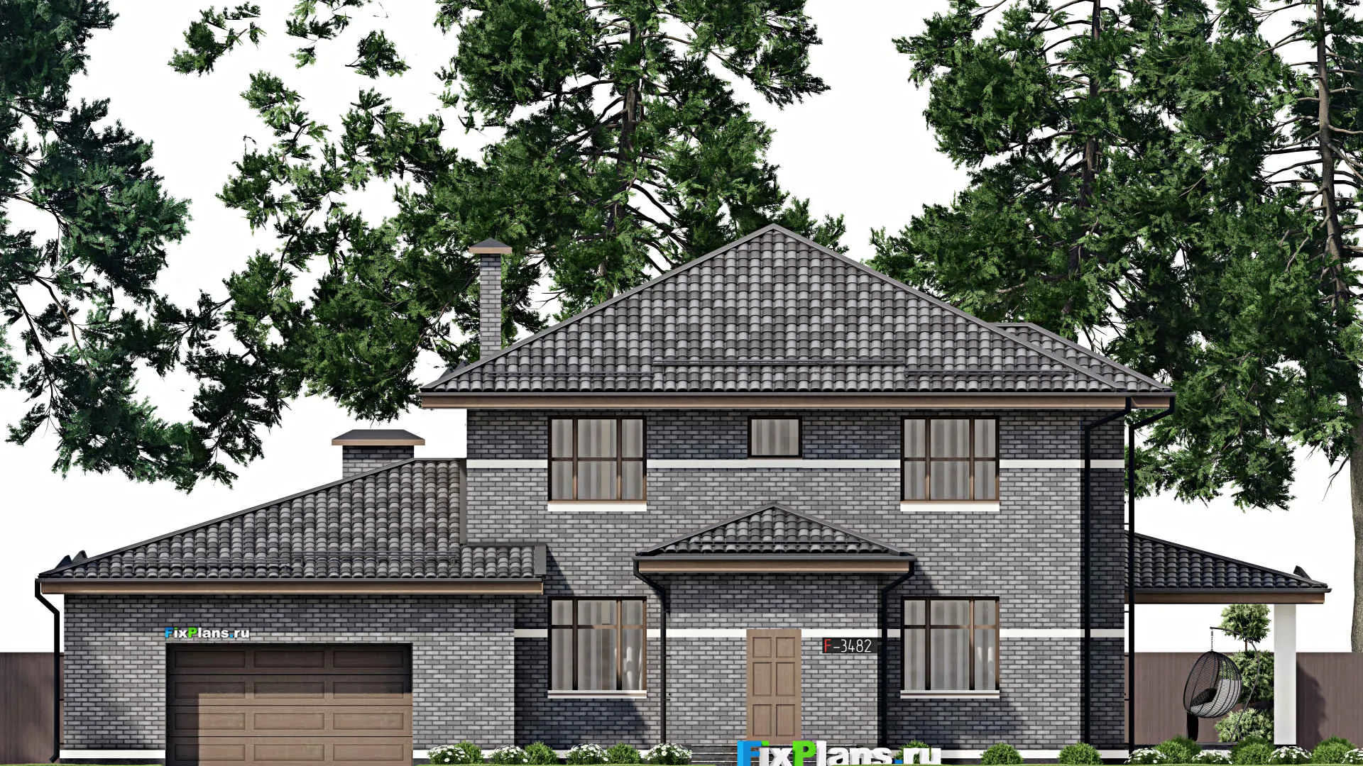 F-3482 - Проект двухэтажного дома 19 на 23, площадью 350 м² с террасой, гаражом на 2 машины и 5 спальнями