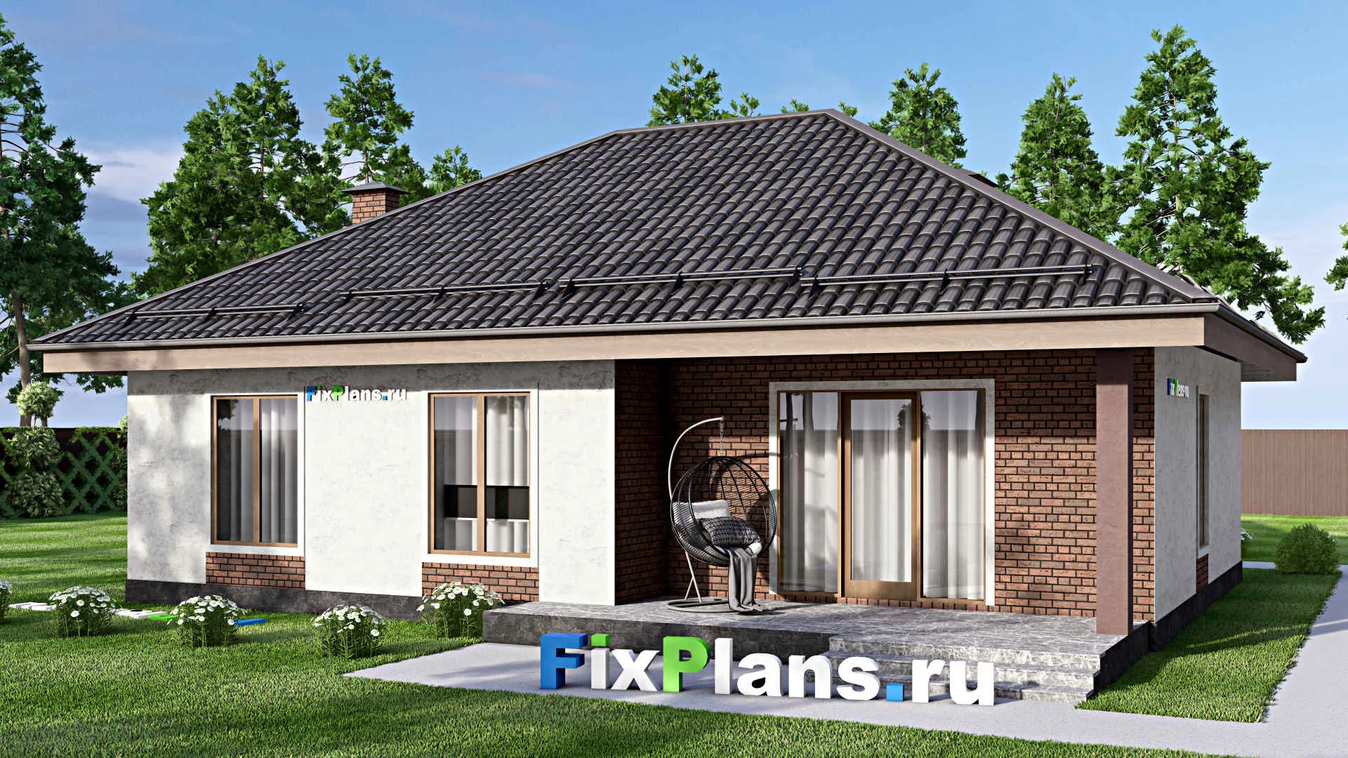 F-12950 - Проект одноэтажного дома 12 на 14, площадью 120 м² с террасой и 3 спальнями