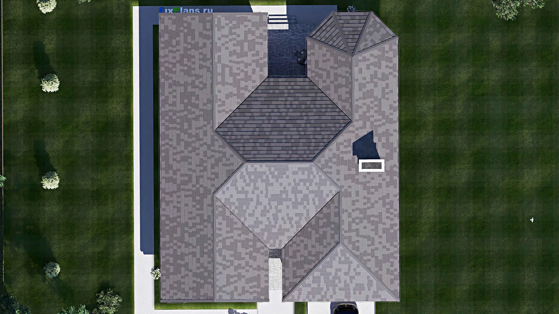 F-17558 - Проект одноэтажного дома 17 на 21, площадью 280 м² с террасой, гаражом на 2 машины и 3 спальнями