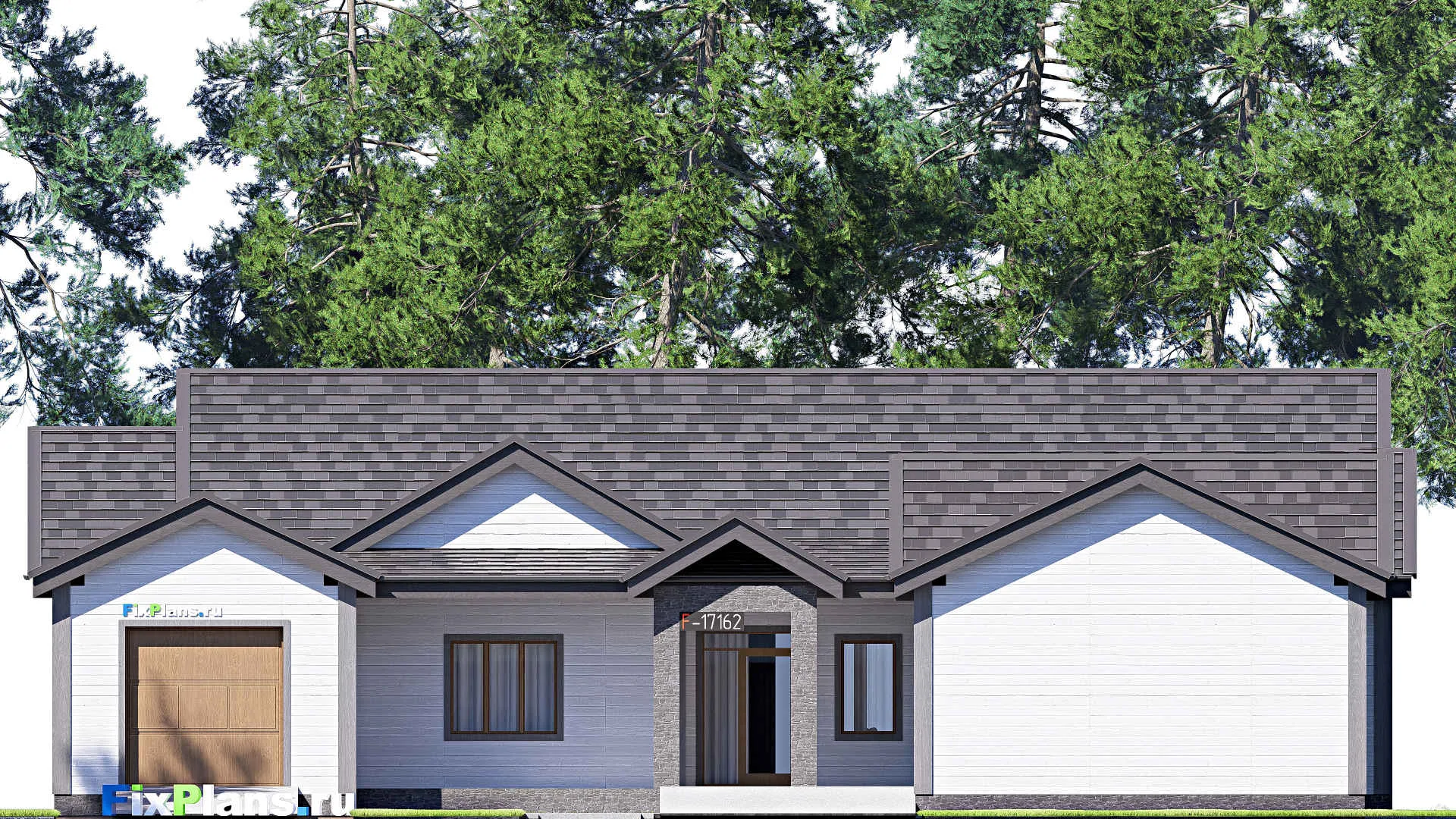 F-17162 - Проект одноэтажного дома 21 на 34, площадью 710 м² с террасой, цокольным этажом, гаражом на 2 машины и 4 спальнями