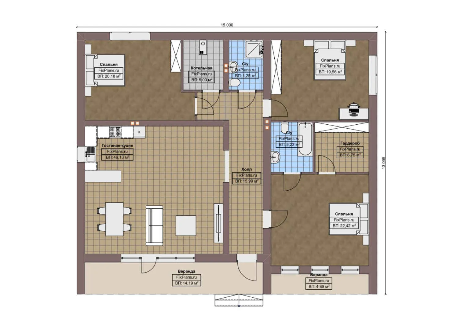 F-8369 - План одноэтажного дома 14 на 15, площадью 170 м² с террасой и 3 спальнями