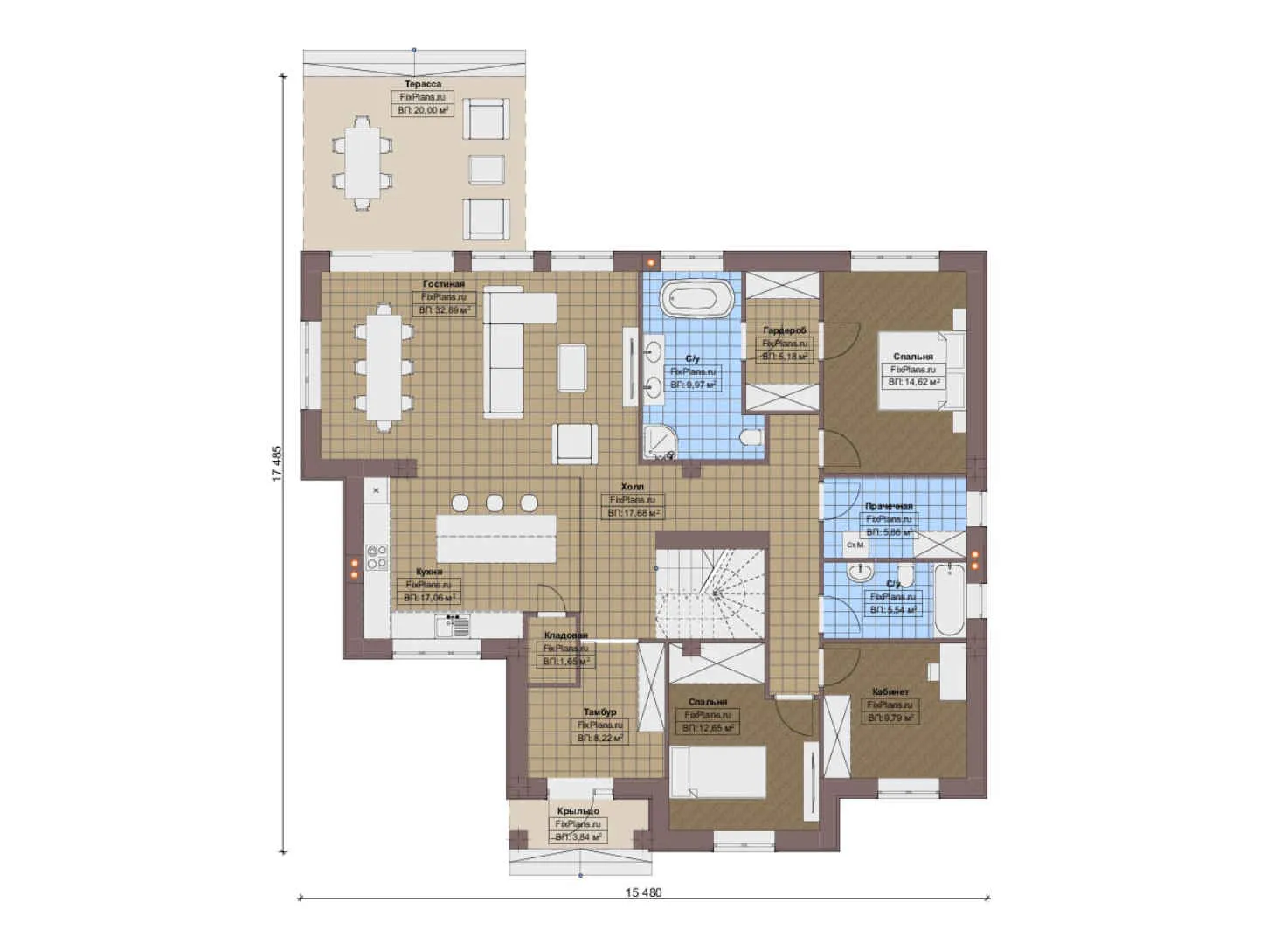 F-16262 - Планы дома с мансардой 16 на 18, площадью 310 м² с 2 спальнями