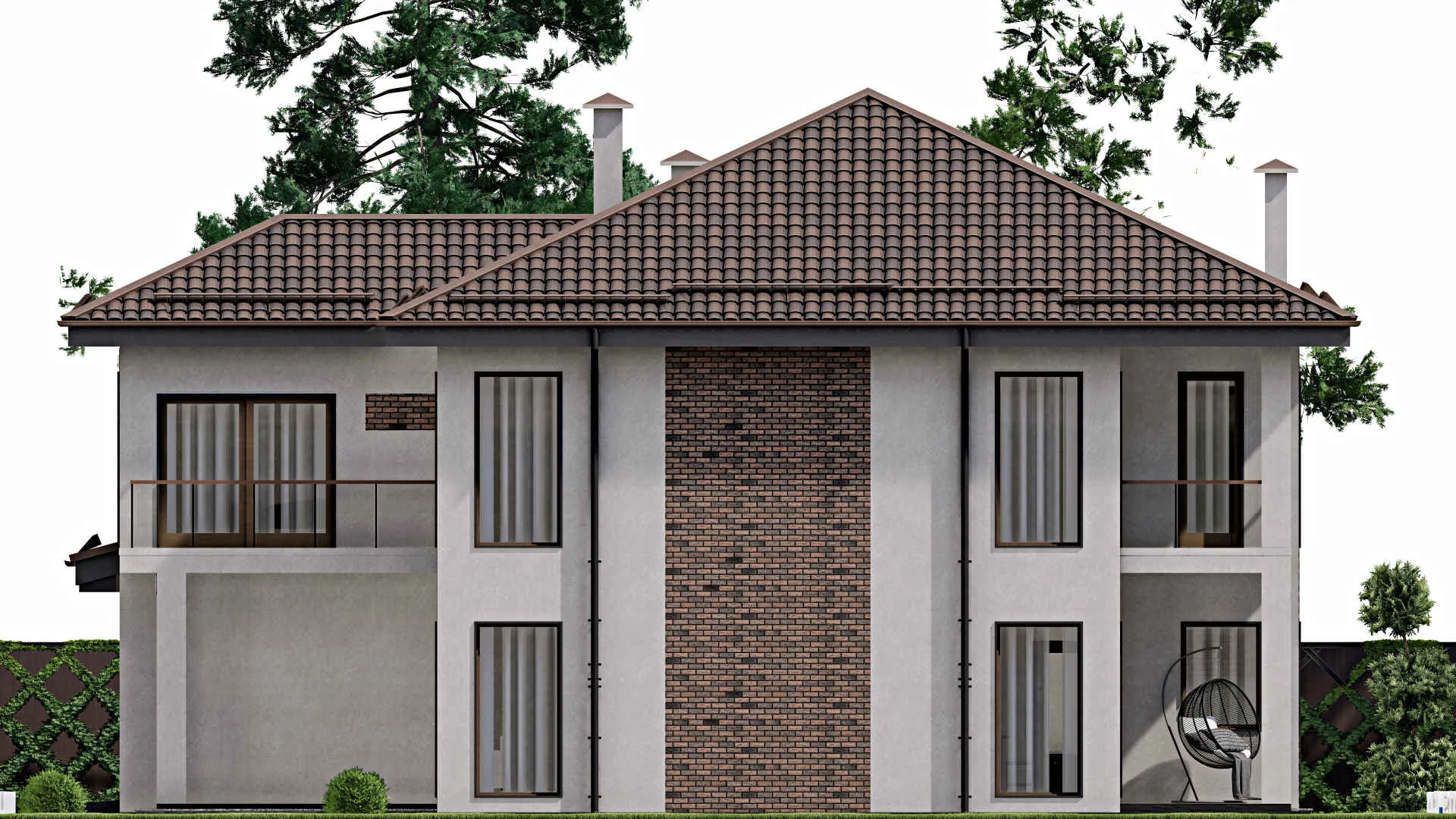 F-10277 - Проект двухэтажного дома 16 на 17, площадью 300 м² с террасой, балконом, баней, гаражом на 2 машины и 5 спальнями