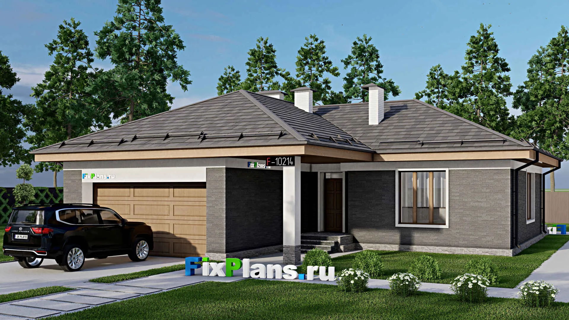 F-10214 - Проект одноэтажного дома 15 на 20, площадью 200 м² с террасой, гаражом на 2 машины и 3 спальнями