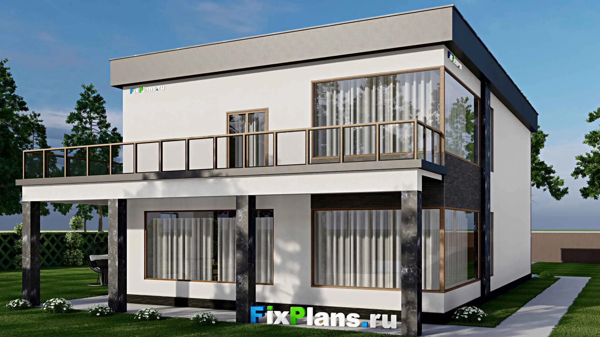 F-8855 - Проект двухэтажного дома 14 на 24, площадью 440 м² с террасой, балконом, гаражом на 2 машины и 6 спальнями