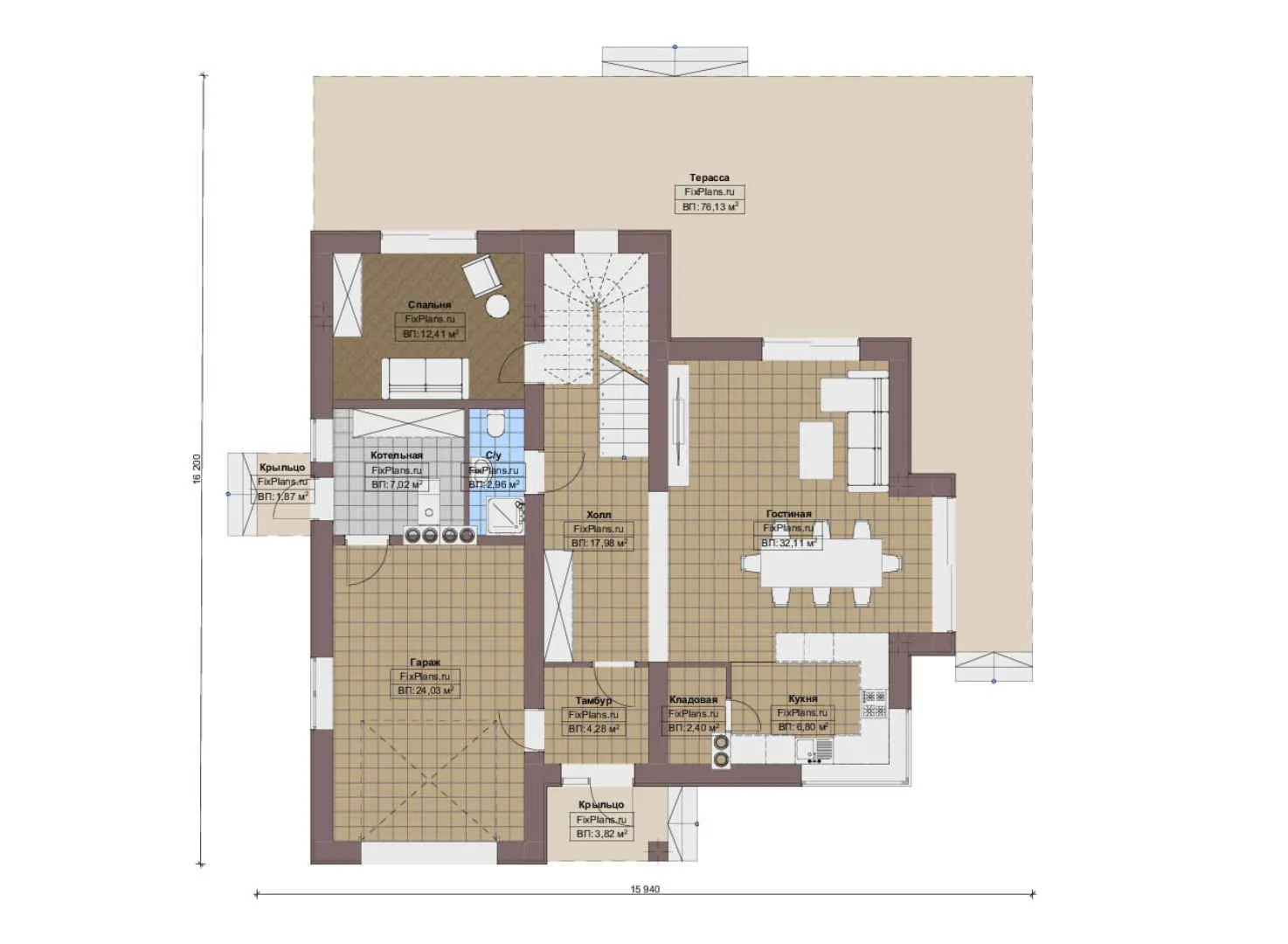 F-15884 - Планы дома с мансардой 16 на 17, площадью 300 м² с террасой, балконом, гаражом на 1 машину и 4 спальнями