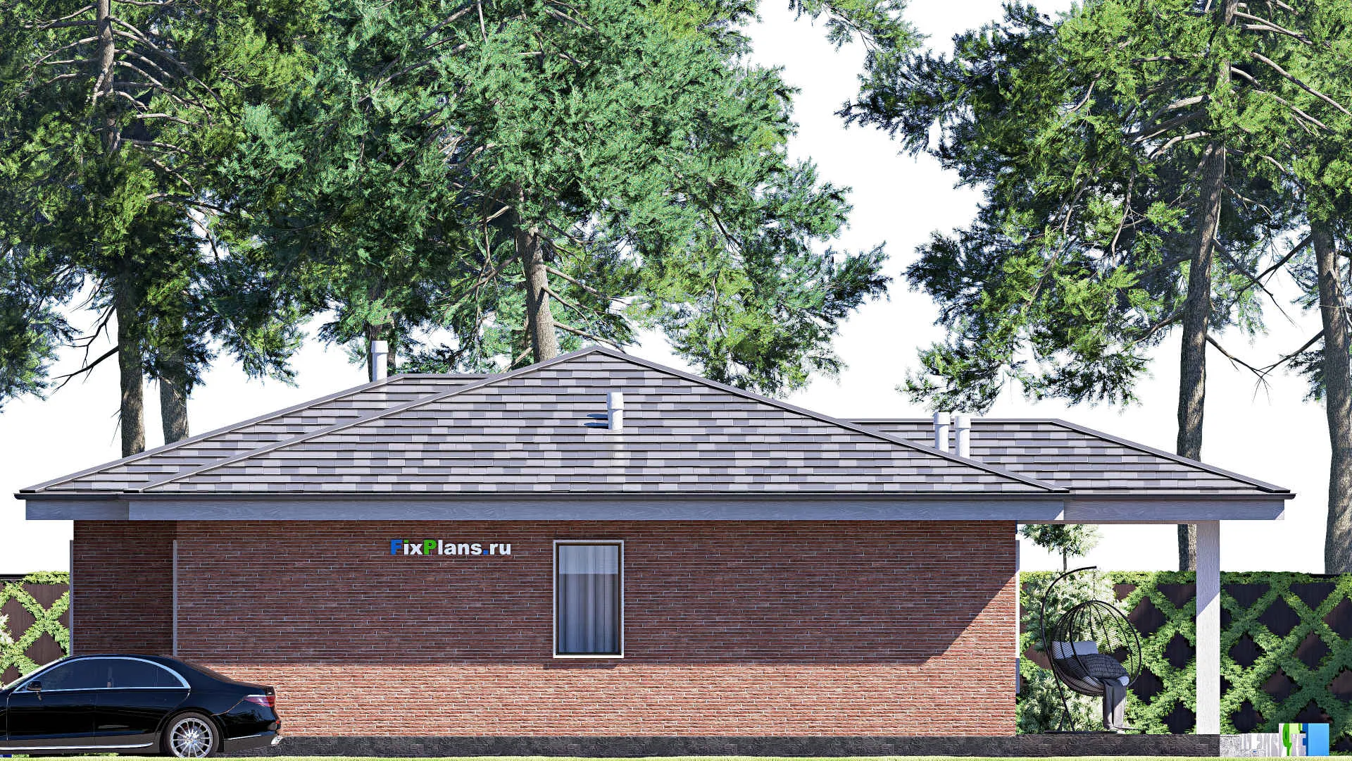 F-20348 - Проект одноэтажного дома 12 на 15, площадью 120 м² с террасой и 3 спальнями