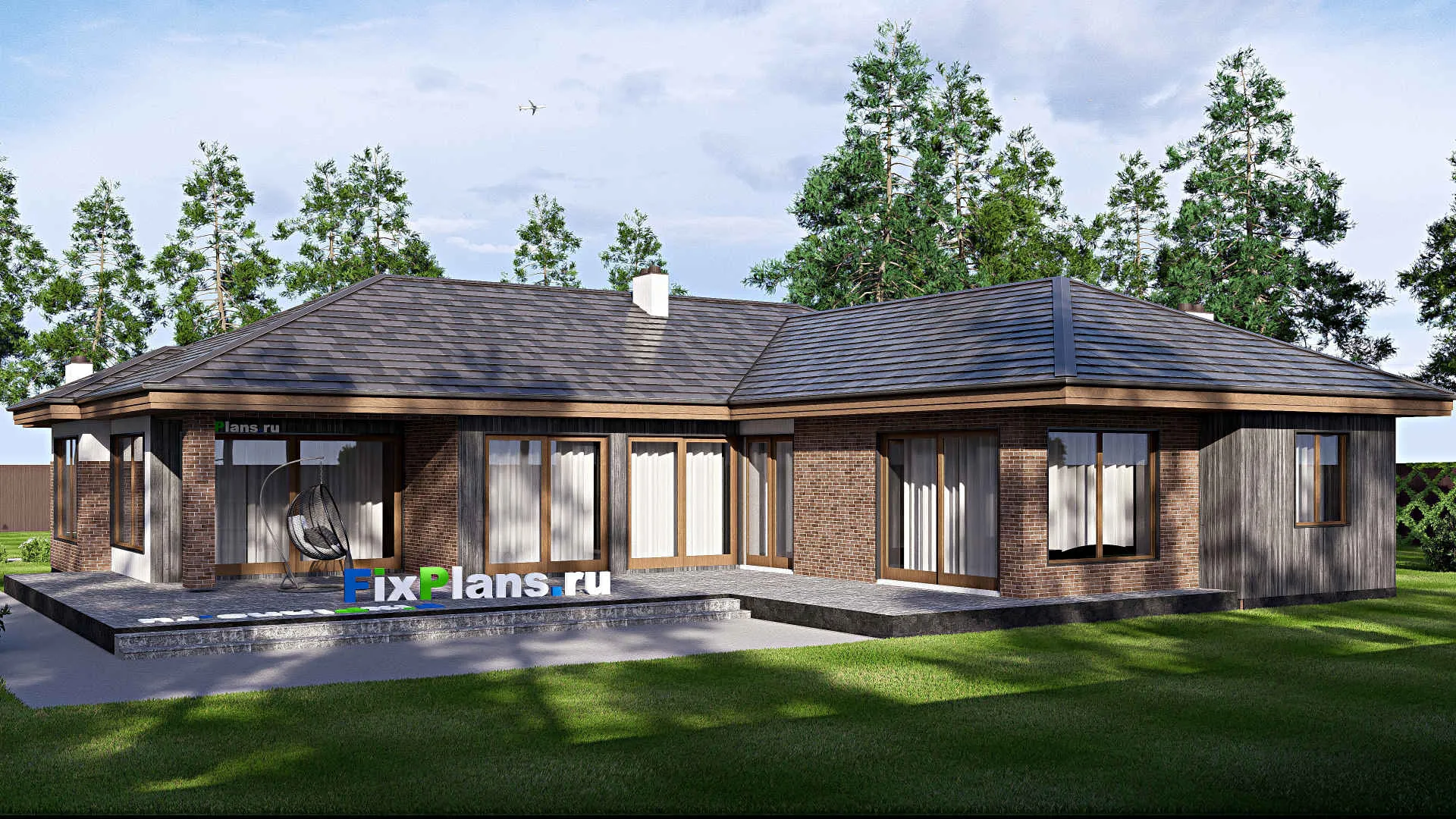 F-15740 - Проект одноэтажного дома 22 на 25, площадью 360 м² с террасой, гаражом на 2 машины и 3 спальнями