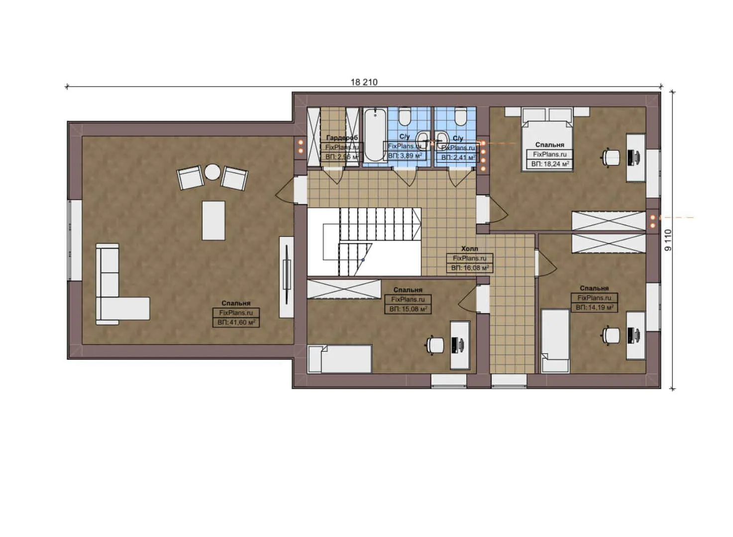 F-8954 - Планы дома с мансардой 12 на 19, площадью 250 м² с гаражом на 2 машины и 5 спальнями
