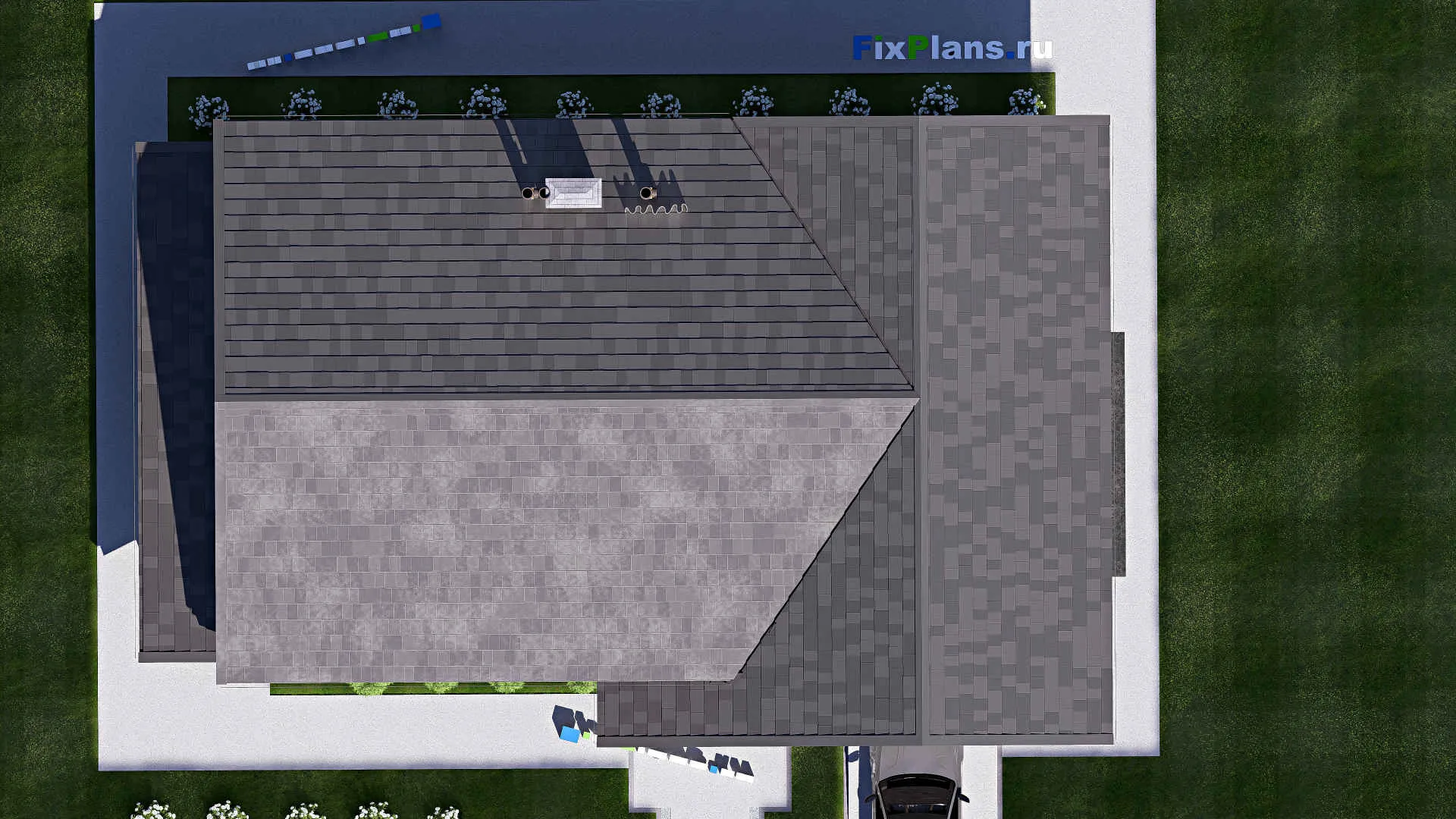 F-19664 - Проект дома с мансардой 11 на 18, площадью 250 м² с террасой, гаражом на 1 машину и 5 спальнями