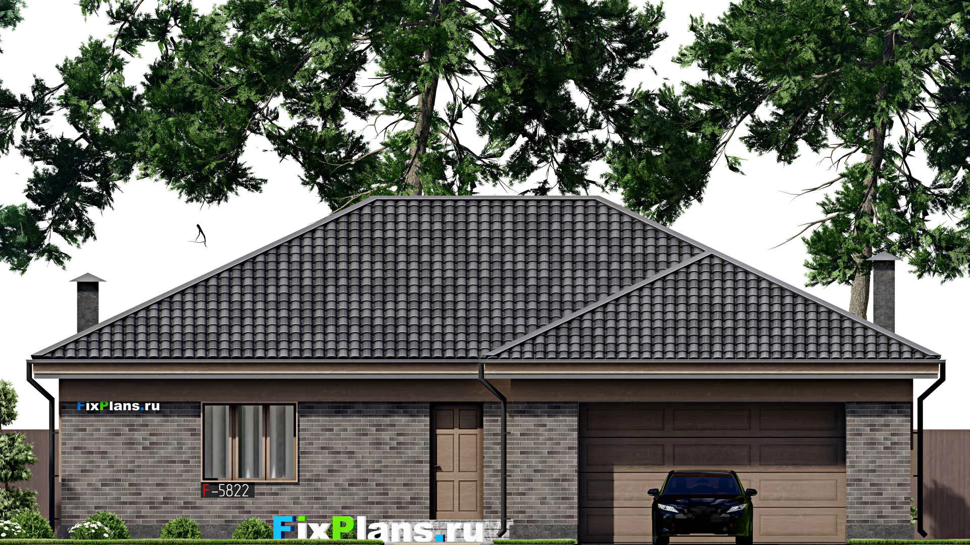 F-5822 - Проект одноэтажного дома 16 на 18, площадью 190 м² с гаражом на 2 машины и 3 спальнями