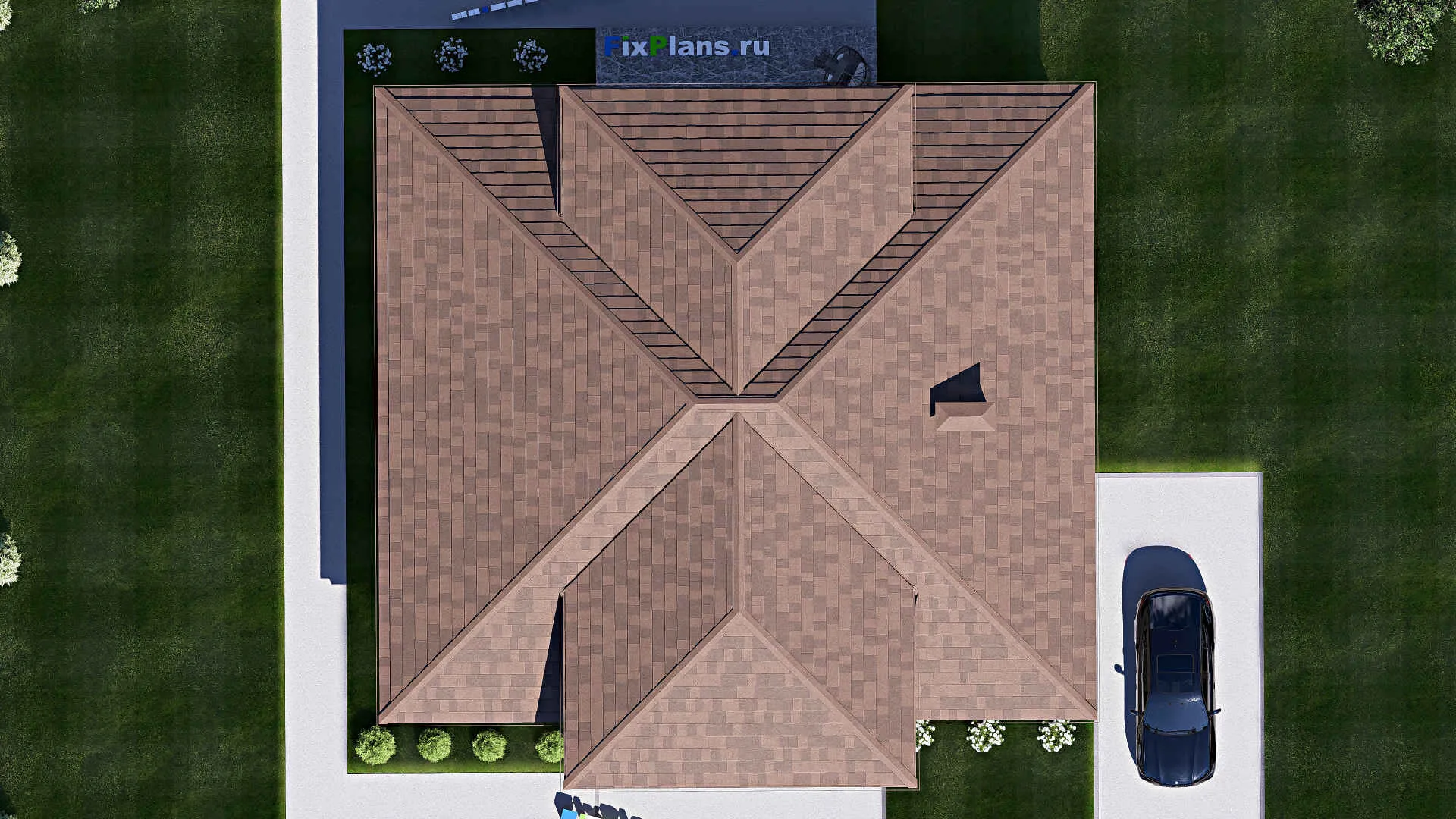 F-17594 - Проект одноэтажного дома 16 на 18, площадью 250 м² с террасой и 5 спальнями