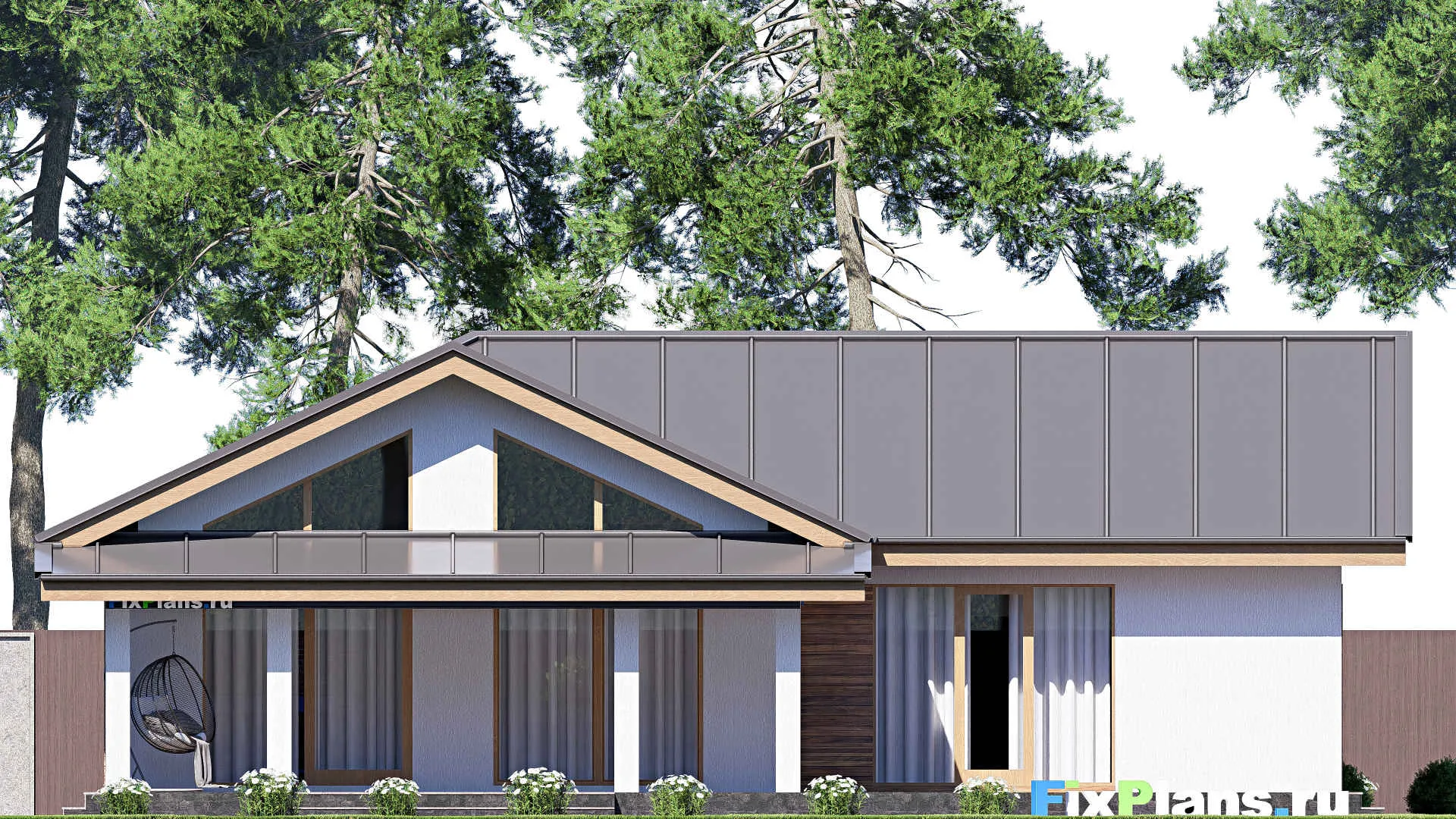 F-19259 - Проект одноэтажного дома 16 на 21, площадью 260 м² с террасой, баней и 4 спальнями