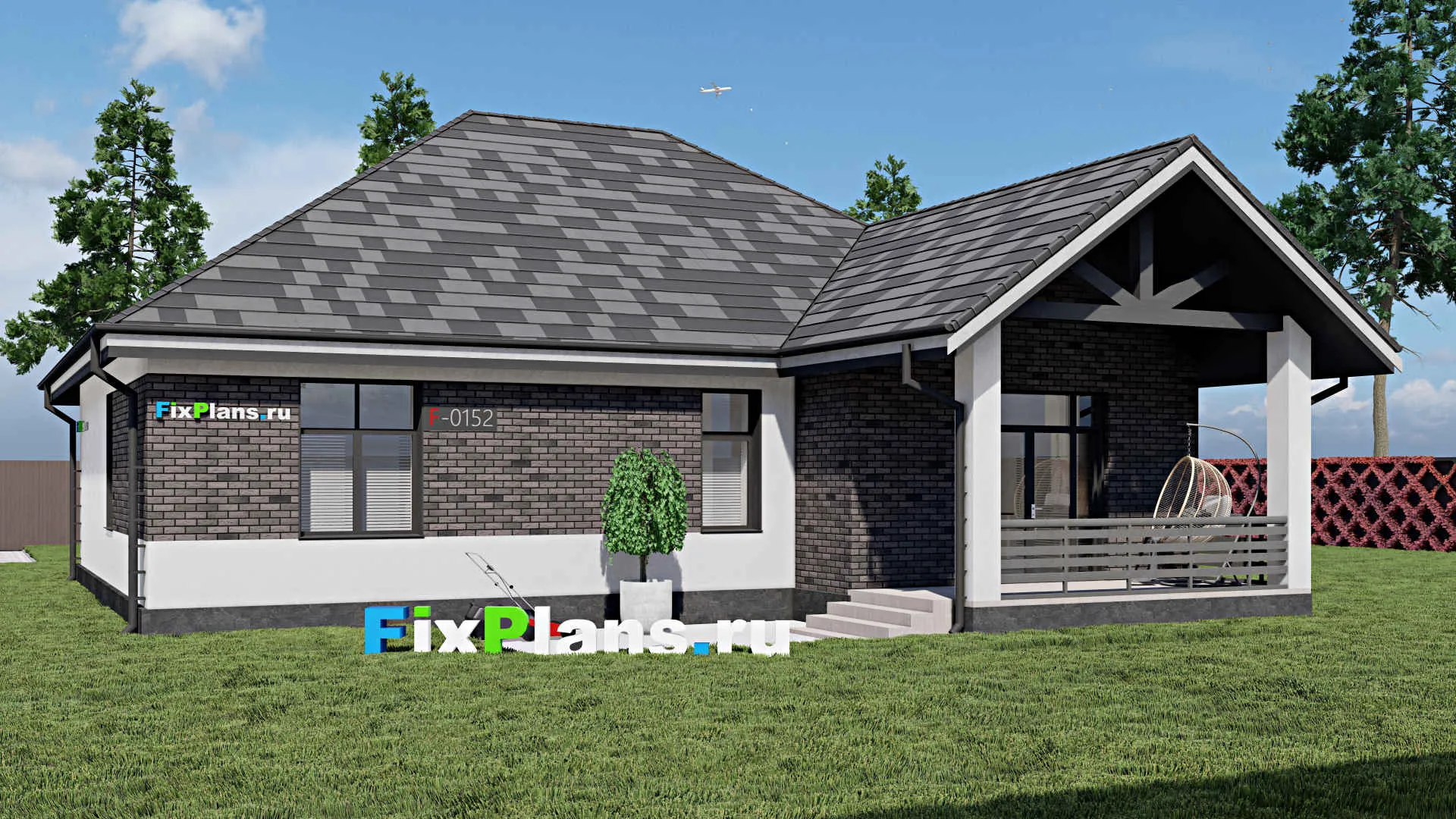 F-0152 - Проект одноэтажного дома 14 на 14, площадью 140 м² с террасой и 3 спальнями
