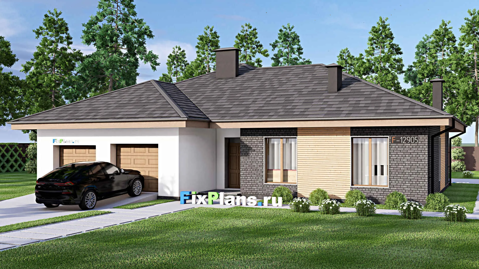 F-12905 - Проект одноэтажного дома 18 на 18, площадью 290 м² с террасой, цокольным этажом, гаражом на 2 машины и 3 спальнями