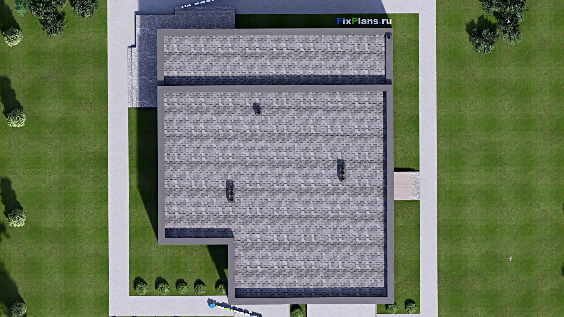 F-15983 - Проект одноэтажного дома 21 на 22, площадью 280 м² с террасой, гаражом на 2 машины и 3 спальнями