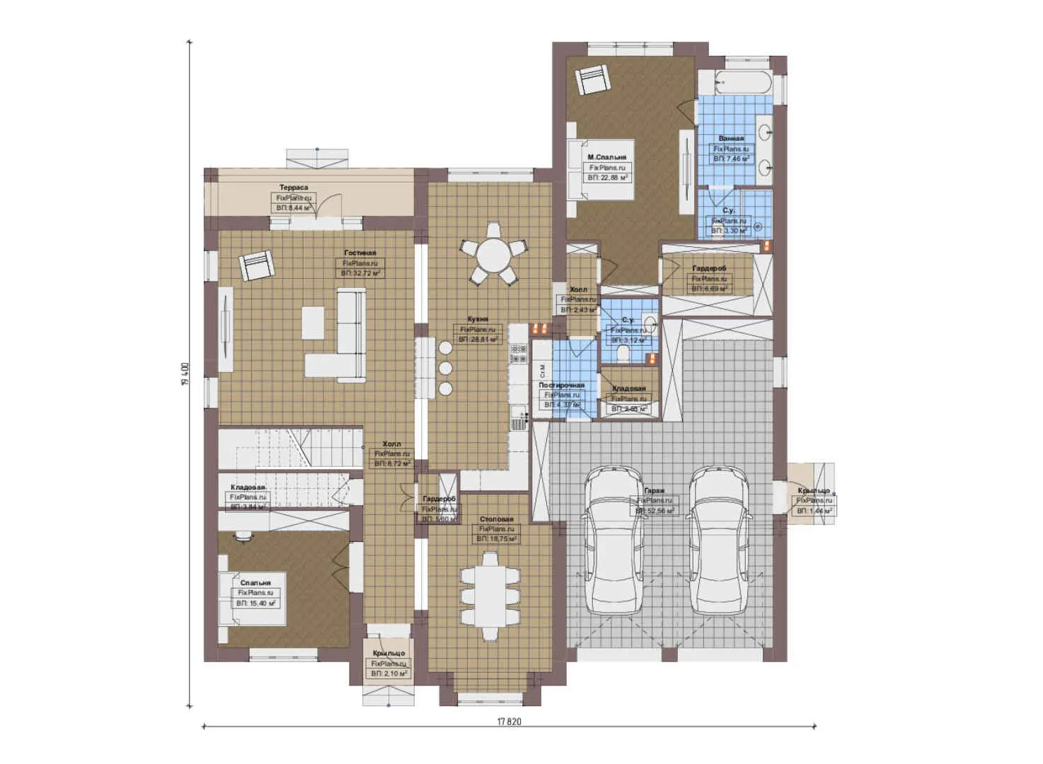 F-20591 - Планы дома с мансардой 18 на 20, площадью 410 м² с террасой, гаражом на 2 машины и 4 спальнями