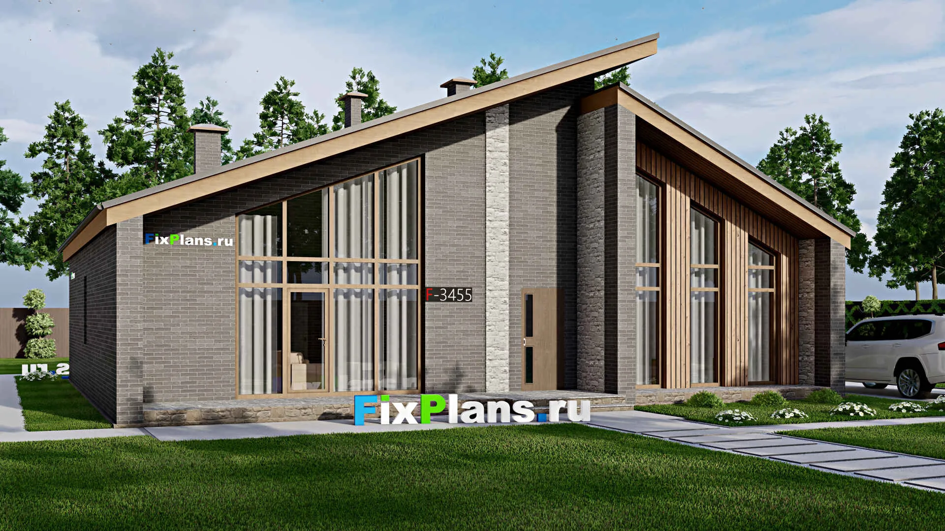 F-3455 - Проект одноэтажного дома 14 на 15, площадью 170 м² с террасой и 3 спальнями