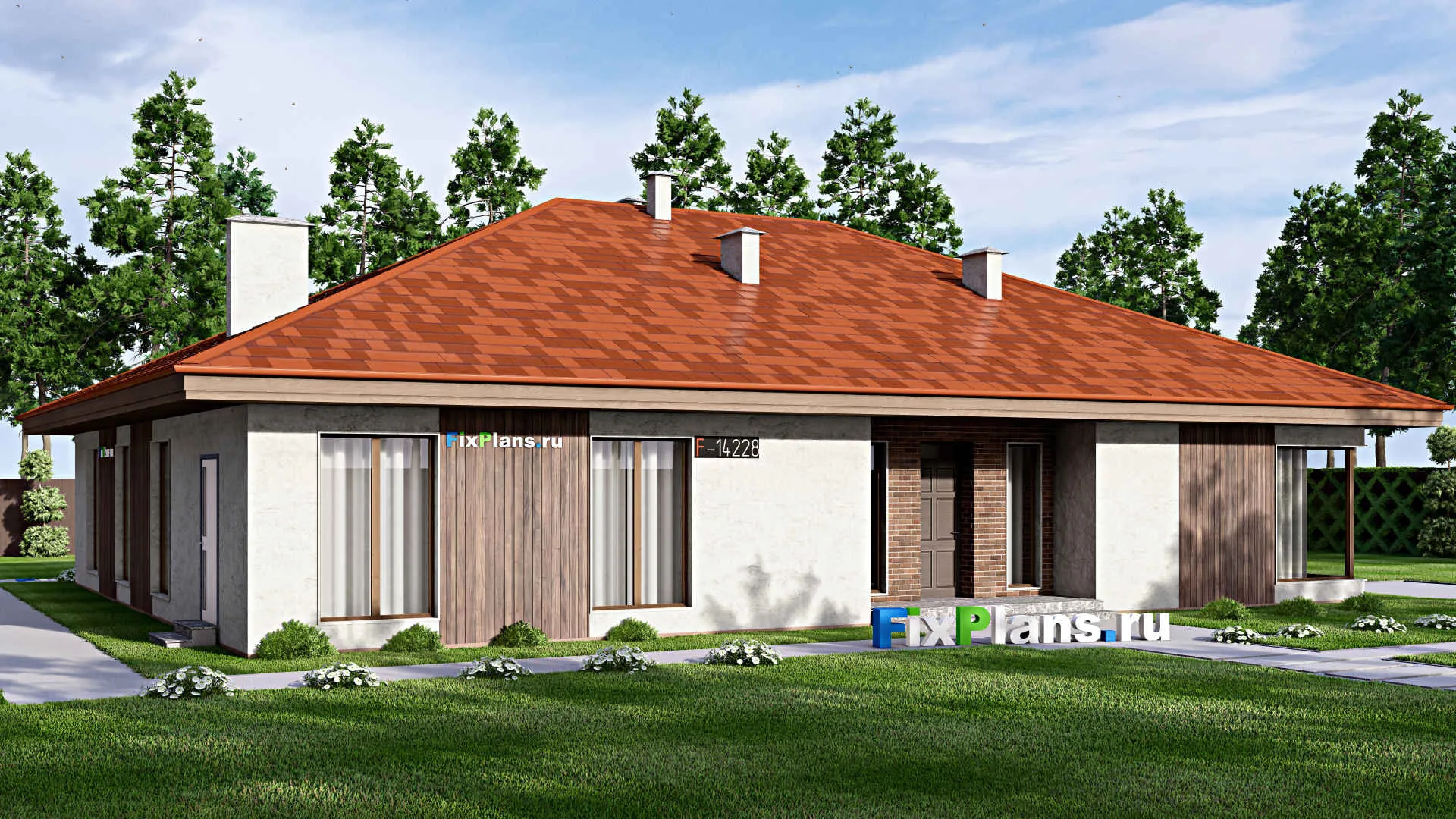 F-14228 - Проект одноэтажного дома 16 на 19, площадью 220 м² с террасой, баней и 3 спальнями