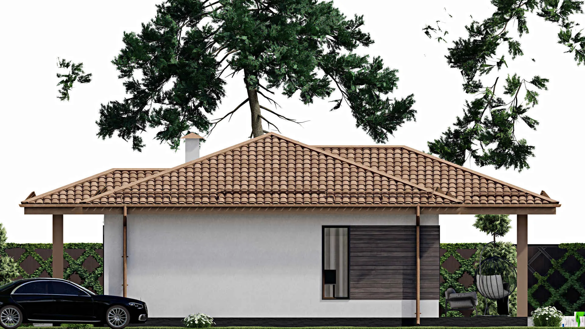 F-10790 - Проект одноэтажного дома 14 на 16, площадью 130 м² с террасой и 3 спальнями