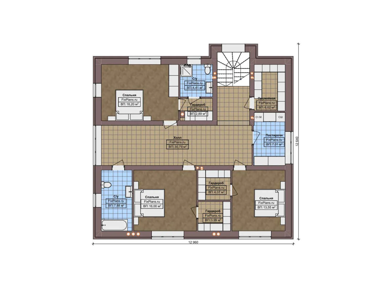 F-7352 - Планы двухэтажного дома 16 на 16, площадью 290 м² с террасой и 3 спальнями