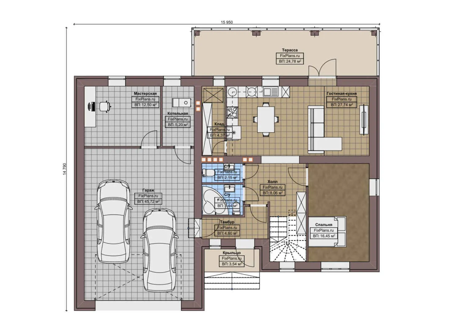 F-6164 - Планы двухэтажного дома 15 на 16, площадью 330 м² с террасой, гаражом на 2 машины и 4 спальнями