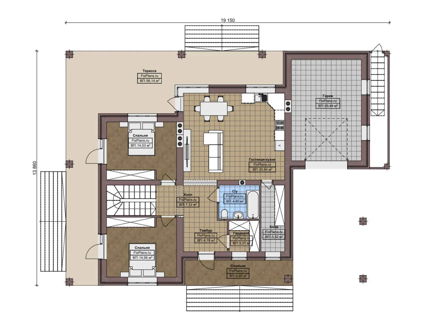 F-8243 - План одноэтажного дома 14 на 20, площадью 290 м² с террасой, цокольным этажом, гаражом на 1 машину и 3 спальнями