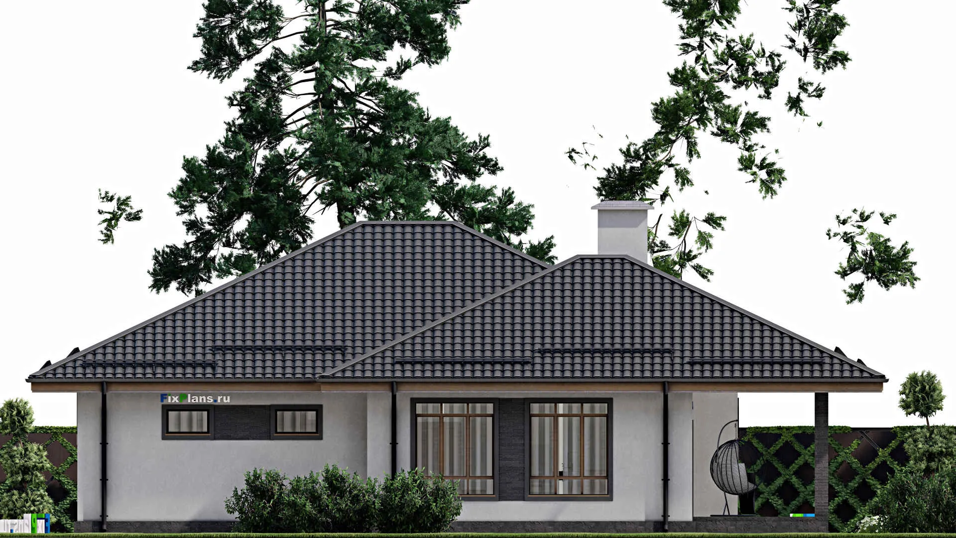 F-3743 - Проект одноэтажного дома 16 на 22, площадью 250 м² с террасой, гаражом на 2 машины и 4 спальнями