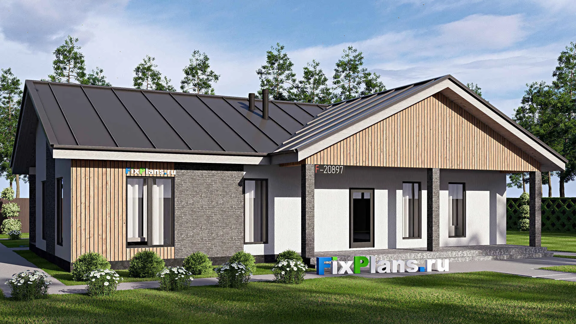 F-20897 - Проект одноэтажного дома 18 на 22, площадью 250 м² с террасой и 3 спальнями