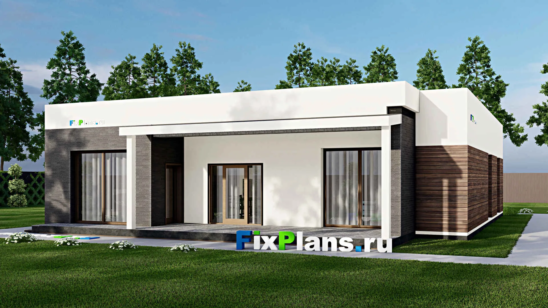 F-2888 - Проект одноэтажного дома 15 на 18, площадью 200 м² с террасой, гаражом на 1 машину и 3 спальнями