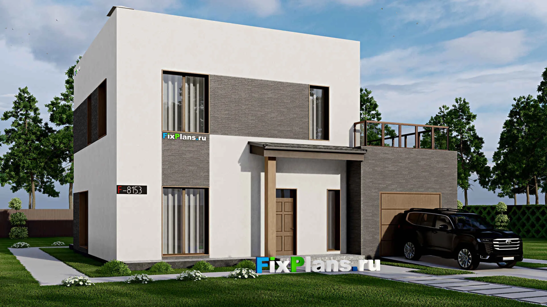 F-8153 - Проект двухэтажного дома 14 на 14, площадью 240 м² с террасой, балконом, гаражом на 1 машину и 3 спальнями