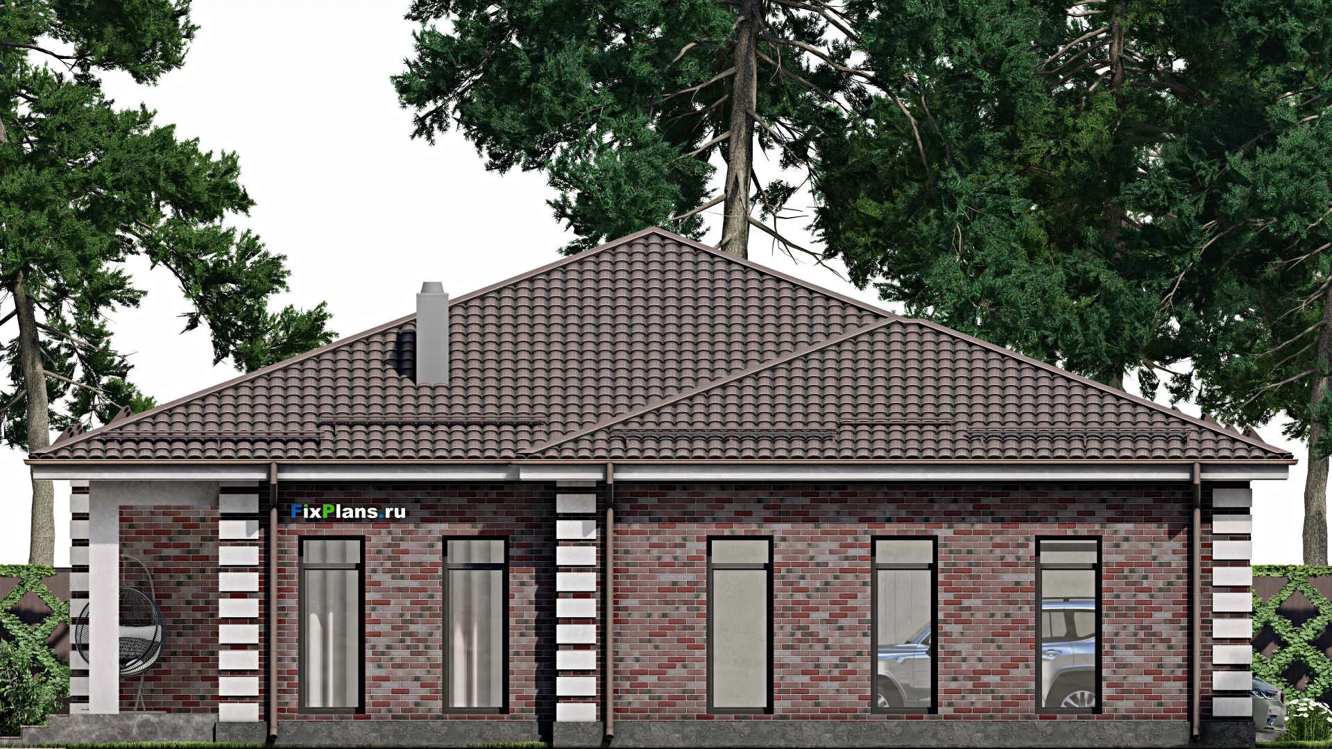 F-2384 - Проект одноэтажного дома 16 на 20, площадью 250 м² с террасой, гаражом на 2 машины и 3 спальнями