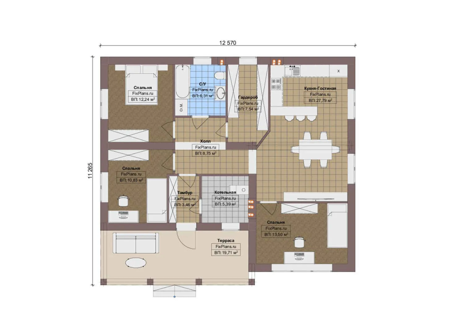 F-19826 - План одноэтажного дома 12 на 13, площадью 120 м² с террасой и 3 спальнями