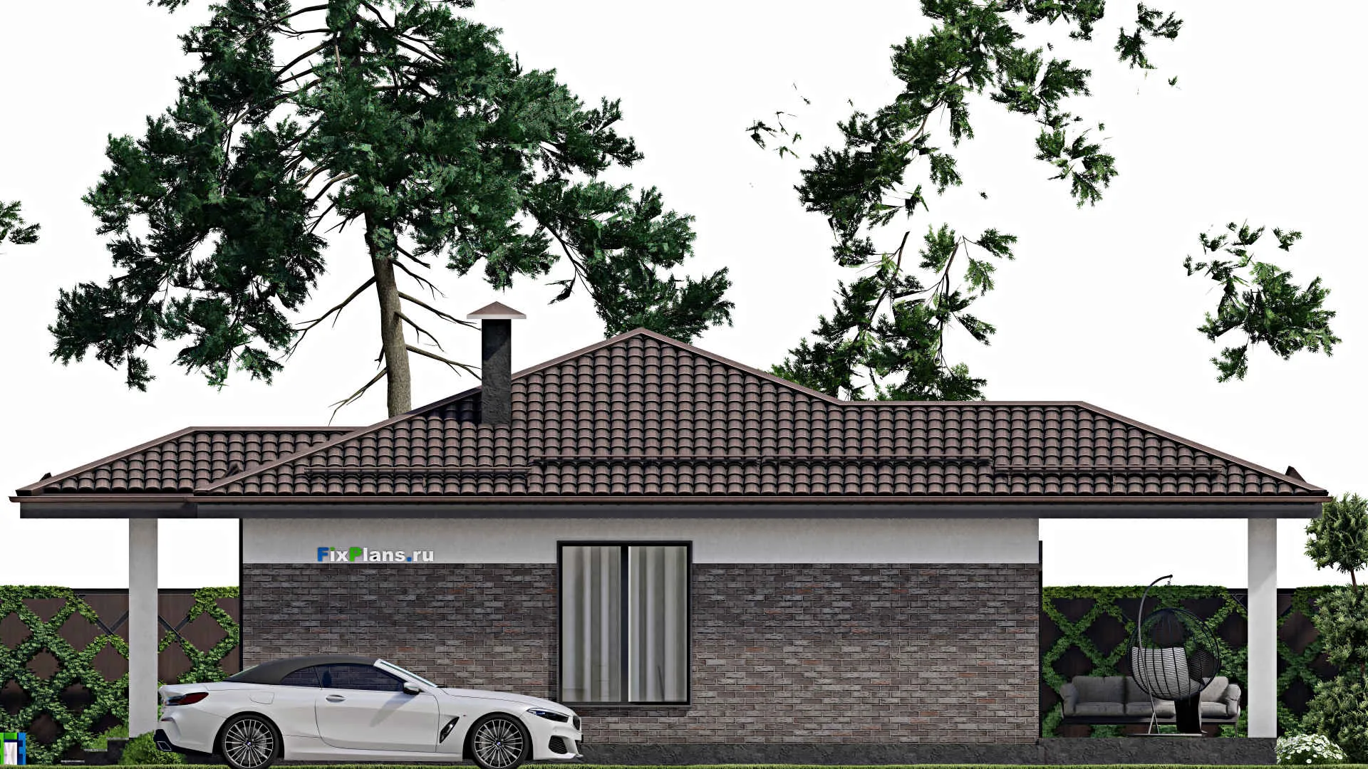 F-3428 - Проект одноэтажного дома 11 на 12, площадью 120 м² с террасой и 3 спальнями