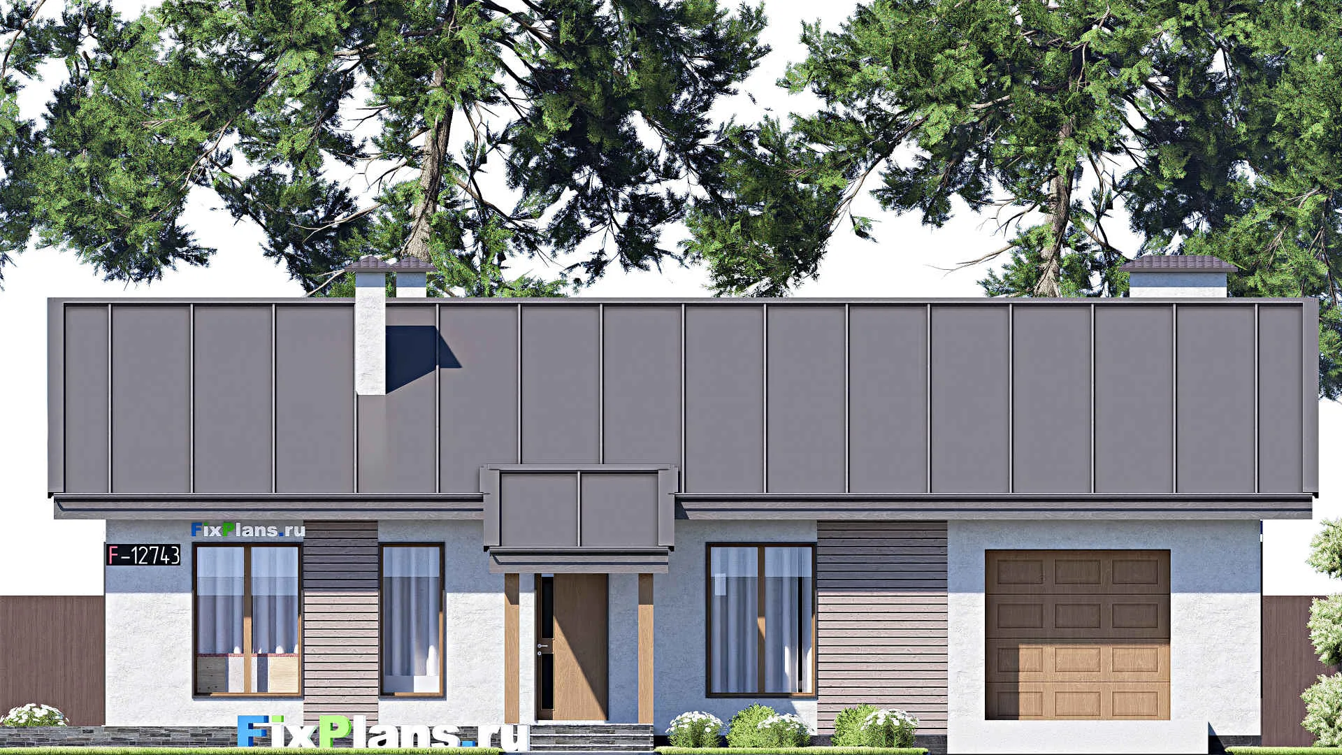 F-12743 - Проект одноэтажного дома 13 на 20, площадью 170 м² с террасой, гаражом на 1 машину и 3 спальнями