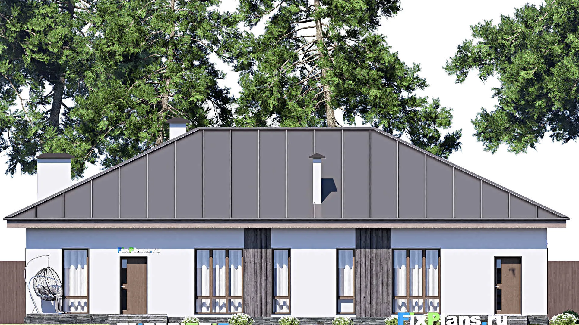 F-12473 - Проект одноэтажного дома 16 на 19, площадью 210 м² с террасой, гаражом на 1 машину и 2 спальнями