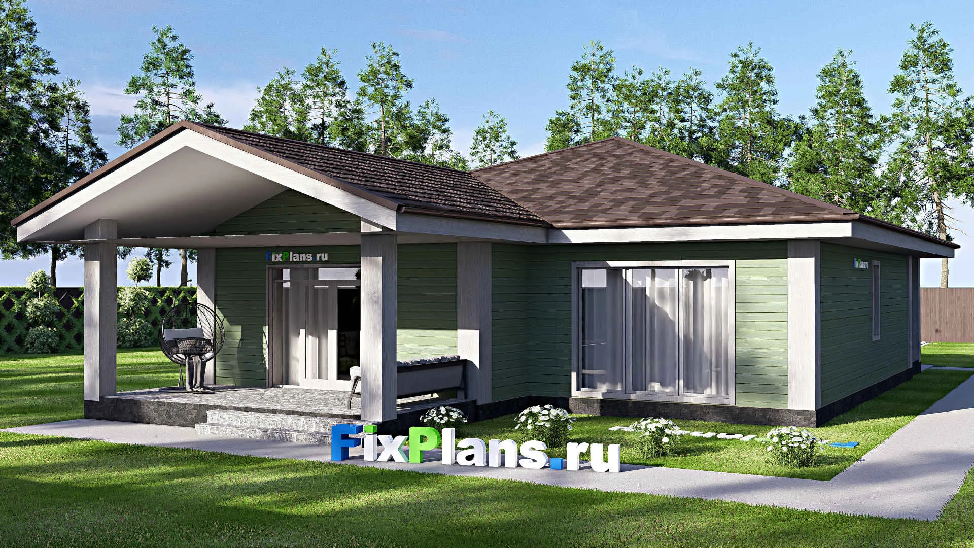 F-18440 - Проект одноэтажного дома 13 на 19, площадью 170 м² с террасой и 3 спальнями