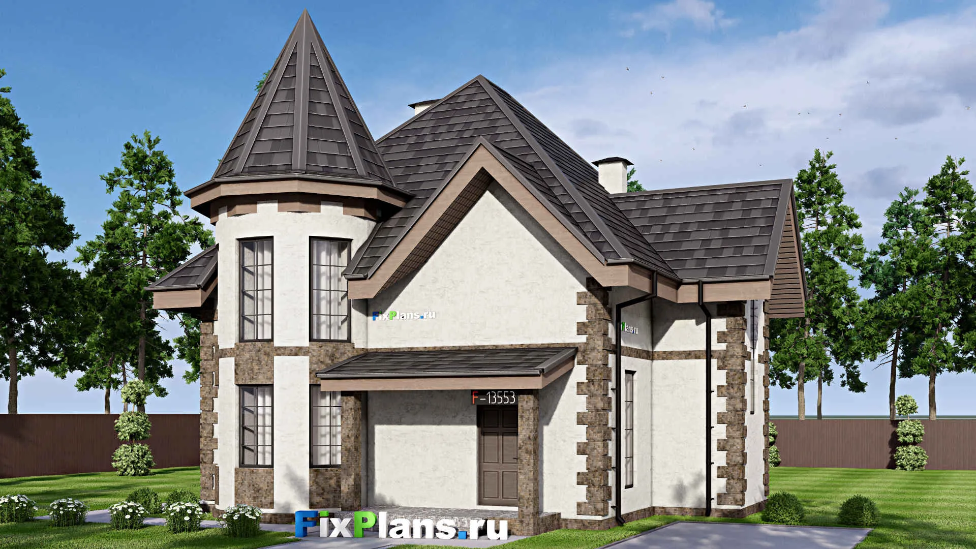 F-13553 - Проект дома с мансардой 12 на 15, площадью 200 м² с балконом и 4 спальнями