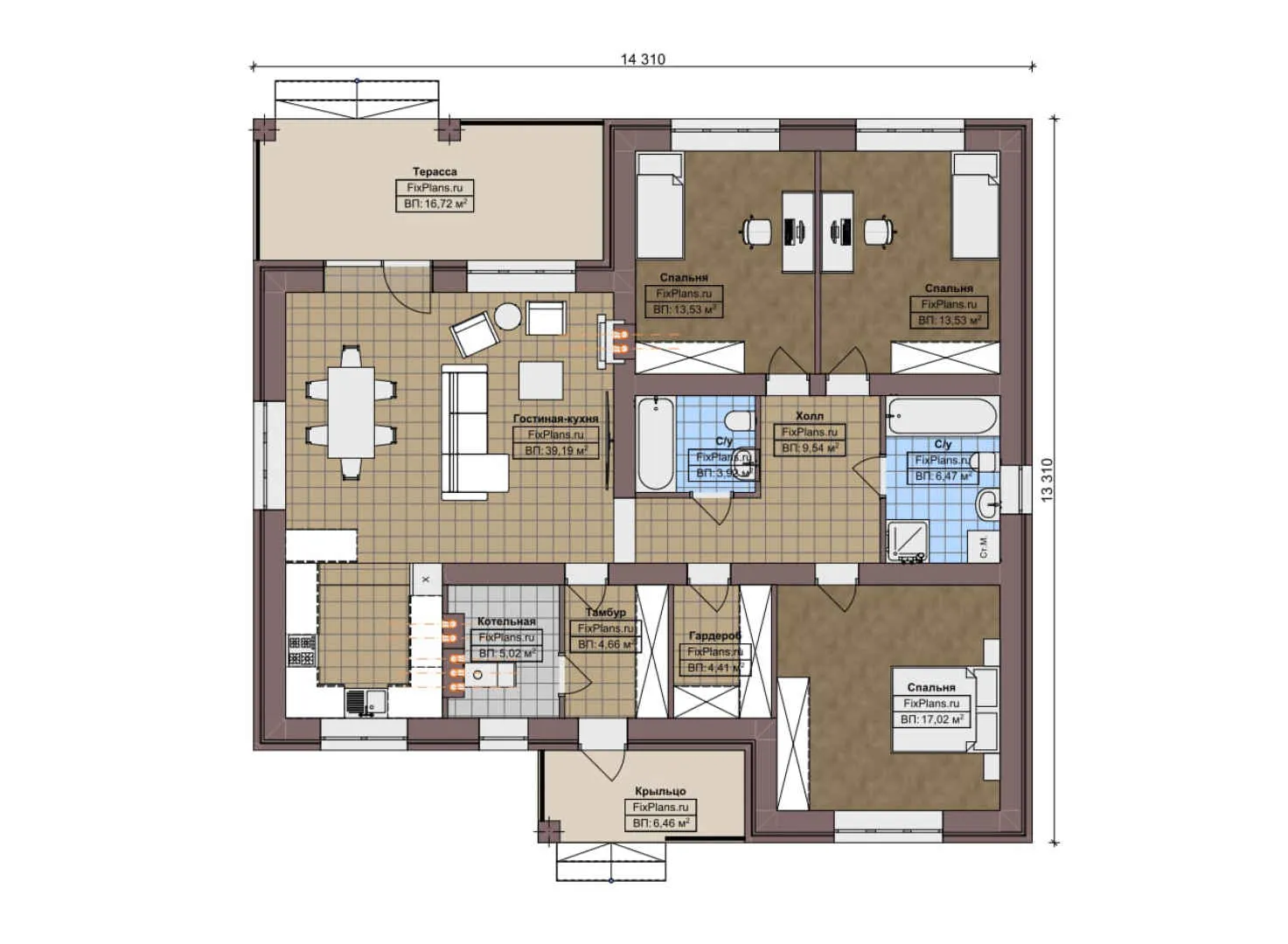 F-6929 - План одноэтажного дома 14 на 15, площадью 140 м² с террасой и 3 спальнями