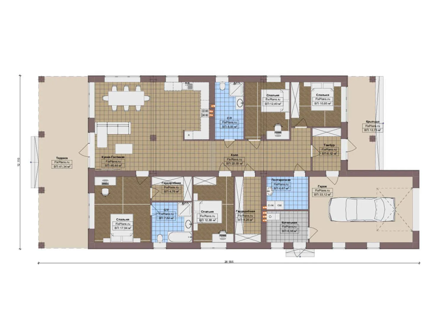 F-19070 - План одноэтажного дома 13 на 27, площадью 260 м² с террасой, гаражом на 1 машину и 4 спальнями