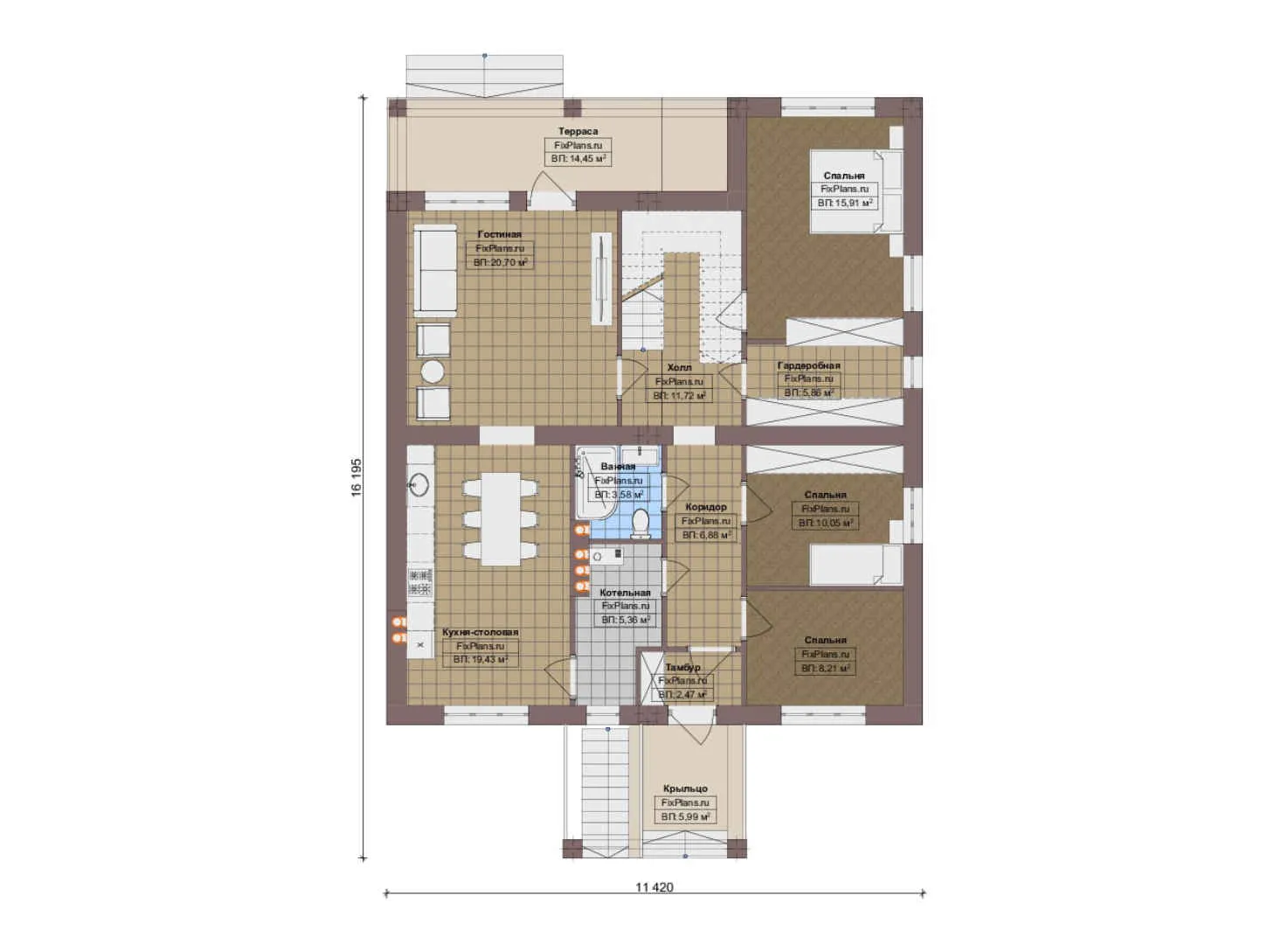 F-20249 - Планы дома с мансардой 12 на 17, площадью 290 м² с террасой, балконом, цокольным этажом и 6 спальнями