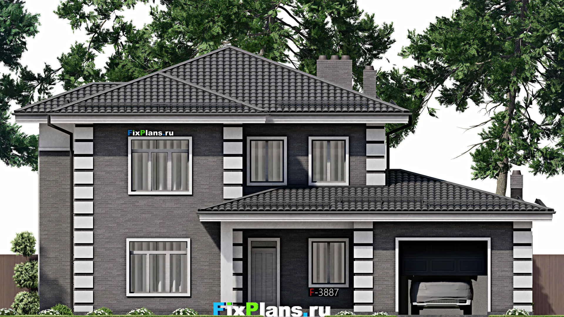 F-3887 - Проект двухэтажного дома 14 на 17, площадью 240 м² с террасой, гаражом на 1 машину и 4 спальнями