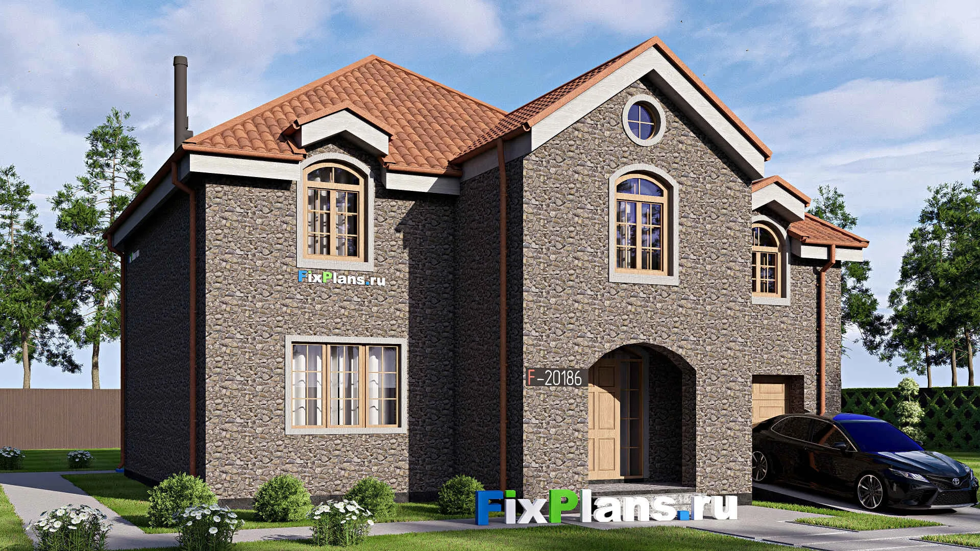 F-20186 - Проект двухэтажного дома 13 на 13, площадью 190 м² с гаражом на 1 машину и 3 спальнями