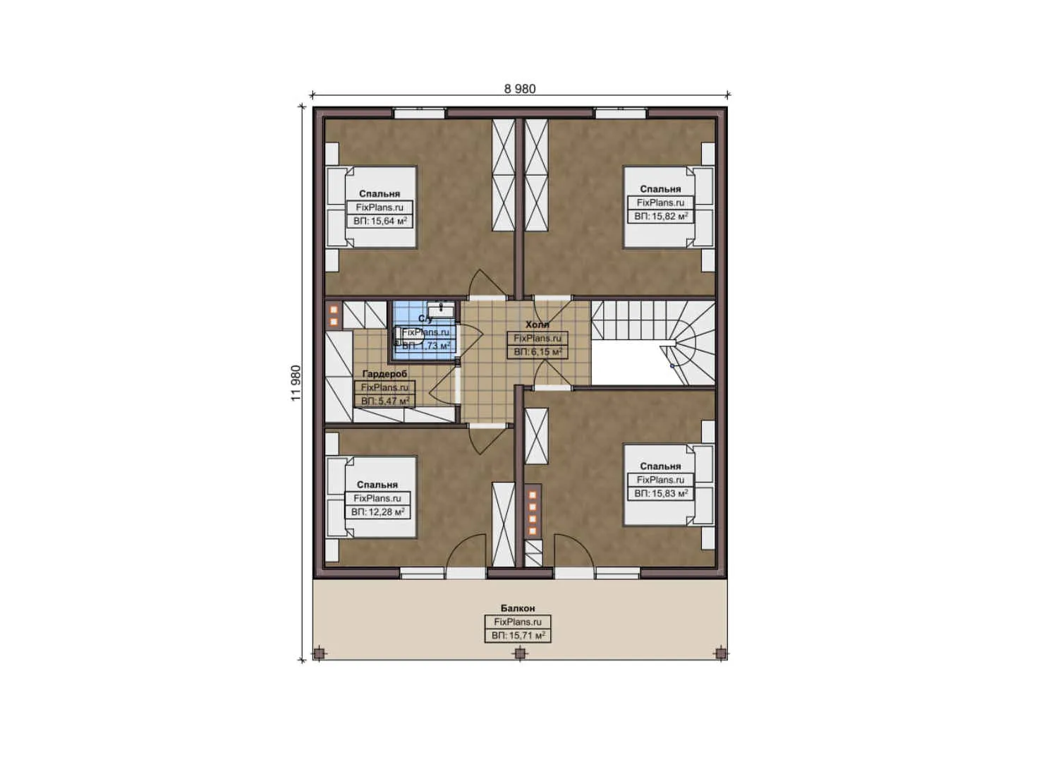 F-9638 - Планы дома с мансардой 11 на 12, площадью 210 м² с террасой, балконом и 6 спальнями