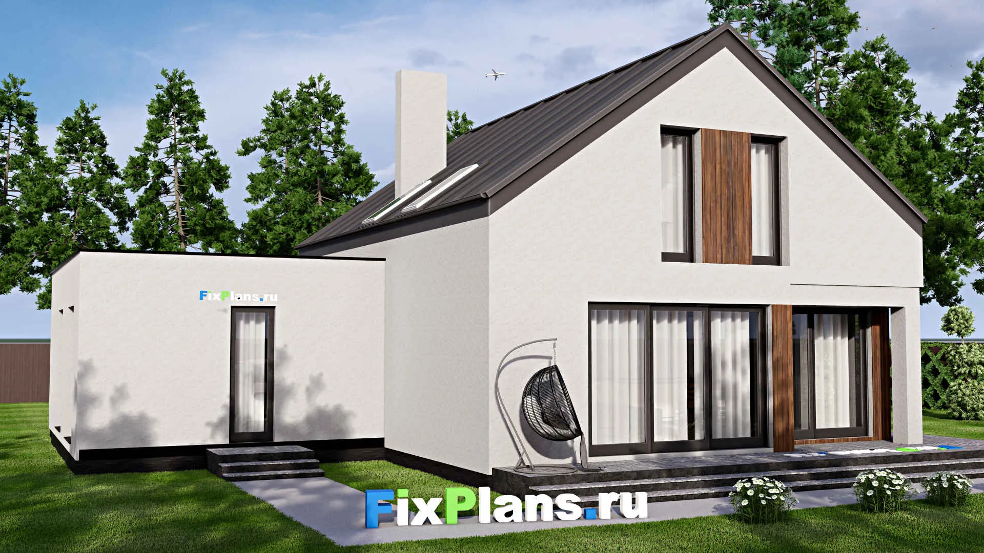 F-16145 - Проект дома с мансардой 16 на 18, площадью 290 м² с террасой, балконом, гаражом на 1 машину и 4 спальнями