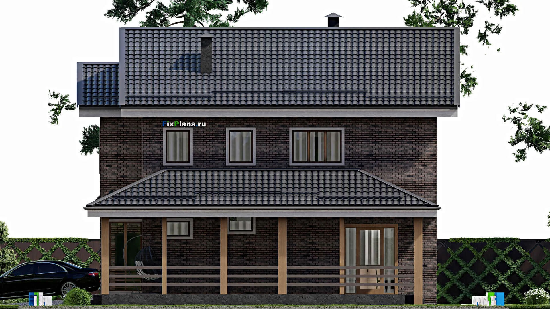 F-5111 - Проект двухэтажного дома 11 на 12, площадью 200 м² с террасой, гаражом на 1 машину и 4 спальнями