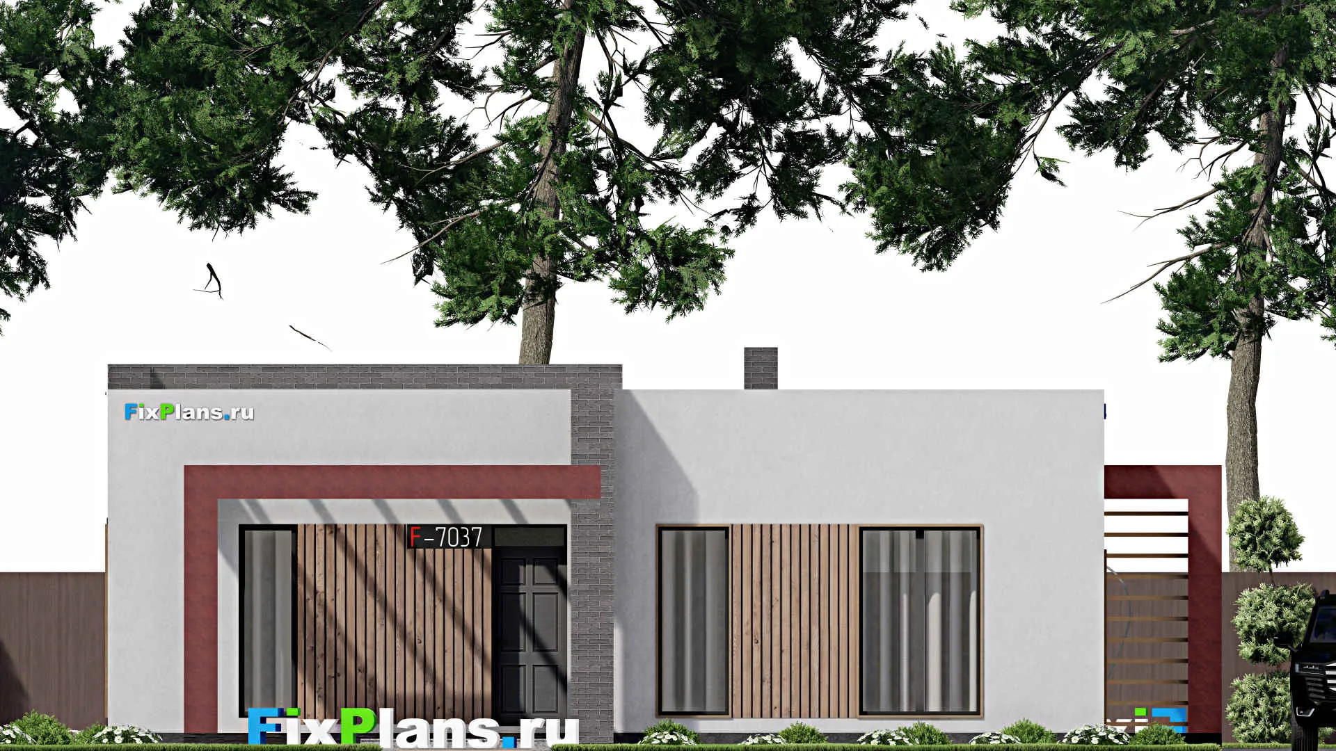 F-7037 - Проект одноэтажного дома 14 на 15, площадью 150 м² с террасой и 2 спальнями