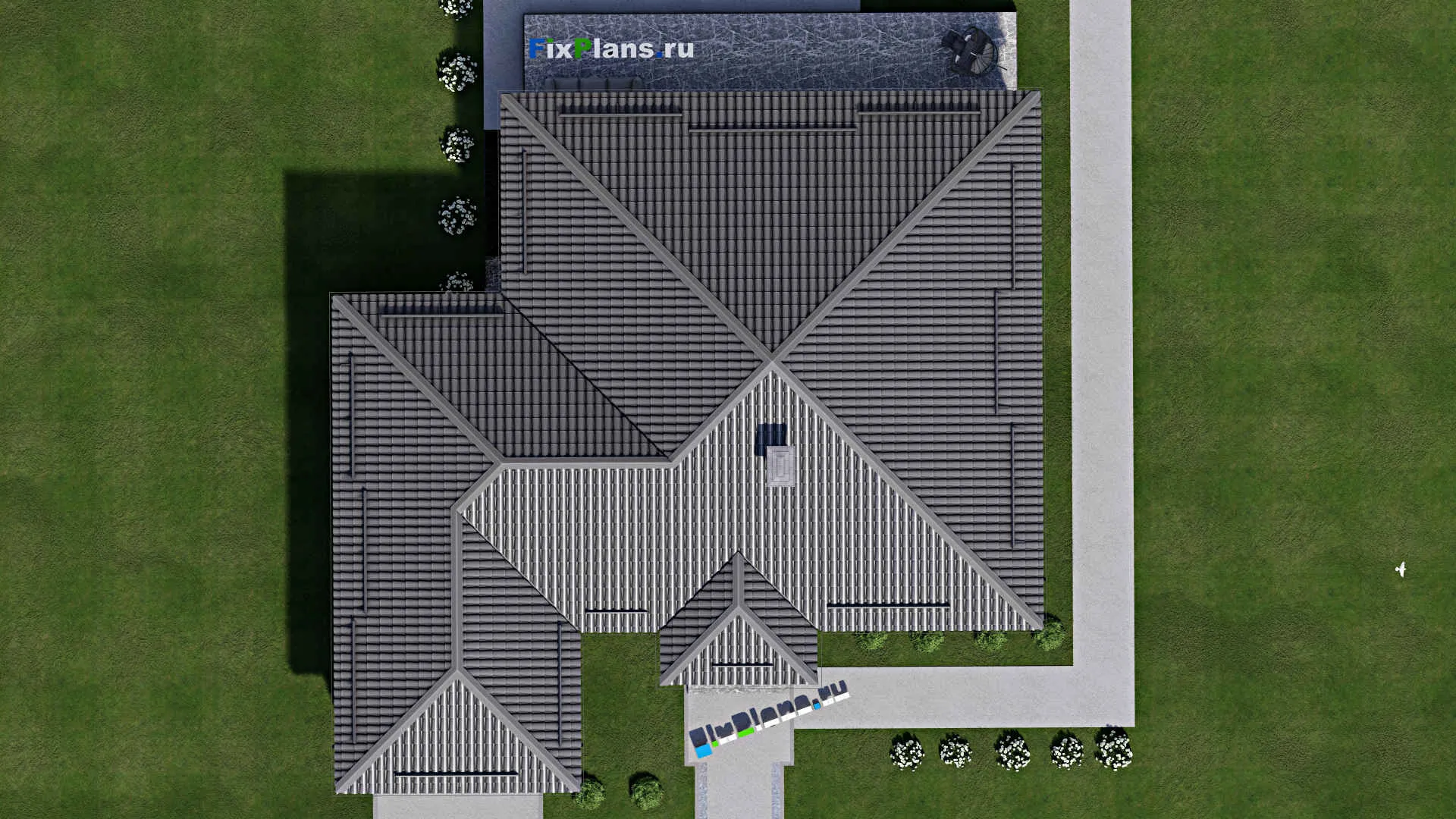 F-5471 - Проект одноэтажного дома 16 на 17, площадью 300 м² с террасой, цокольным этажом, гаражом на 2 машины и 3 спальнями