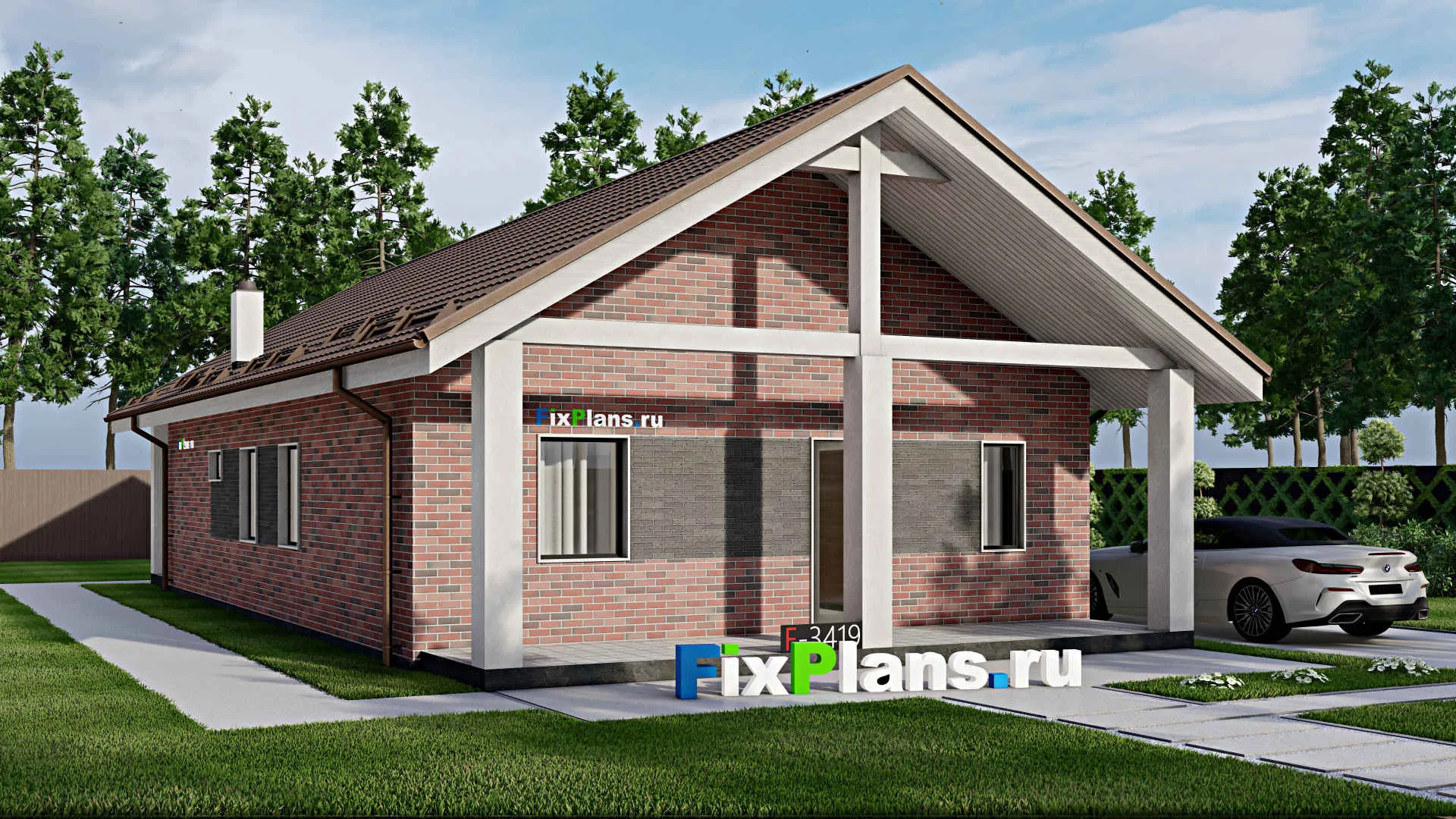 F-3419 - Проект одноэтажного дома 10 на 15, площадью 150 м² с террасой и 4 спальнями